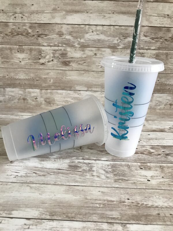 image of back of Starbucks cold cups with personalized names added