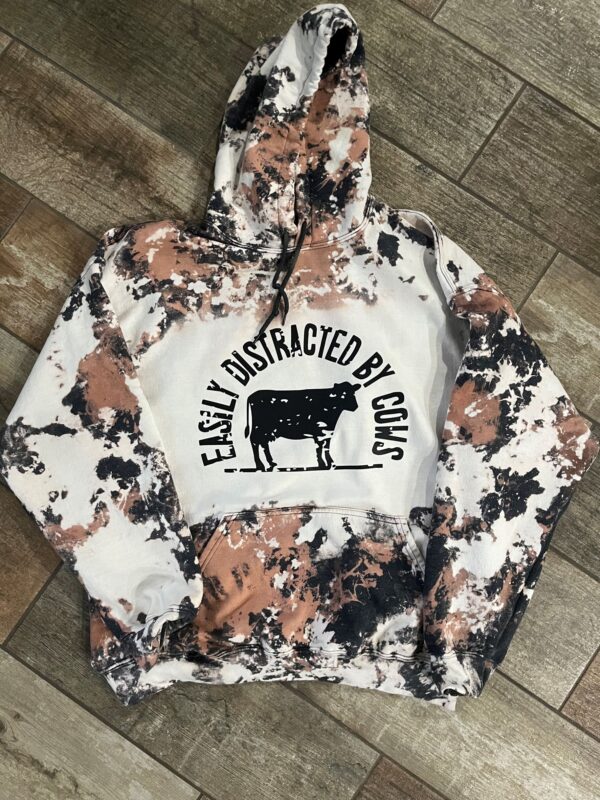 image of bleached cowhide hoodie with cow design